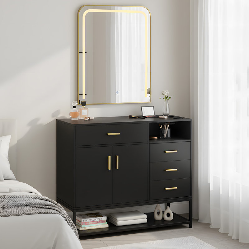 Armoire de salon autoportante avec miroir à DEL, coiffeuse tout-en-un, Noir