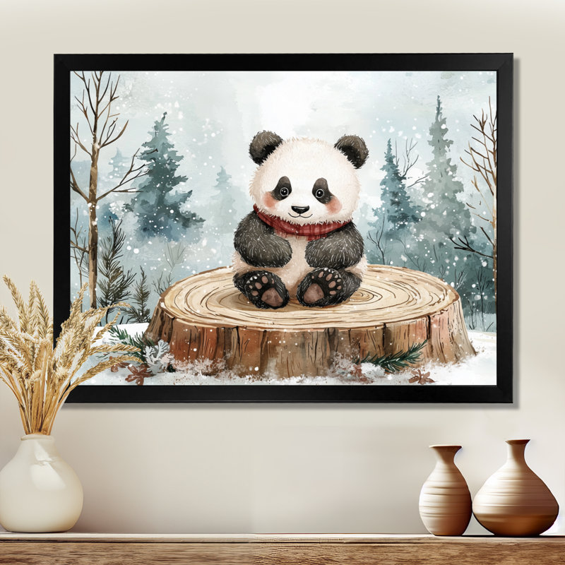 Marlborough, joli panda dans un paysage d'hiver - art mural panda, H 30 po x l 40 po, Reproduction encadrée, Noir