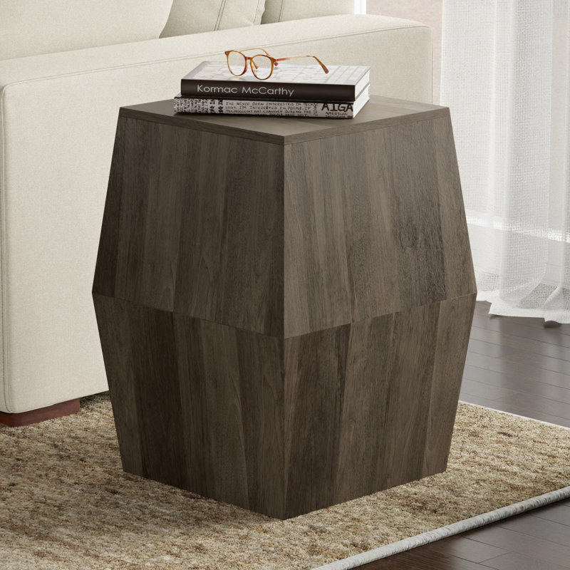 Terry 16"W Solid Mango Wood Side Table with Geometric Sculpted Design, Ash Gray