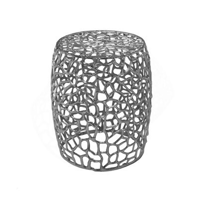 Aluminum Drum End Table With Intricate Design-Silver  Nickel