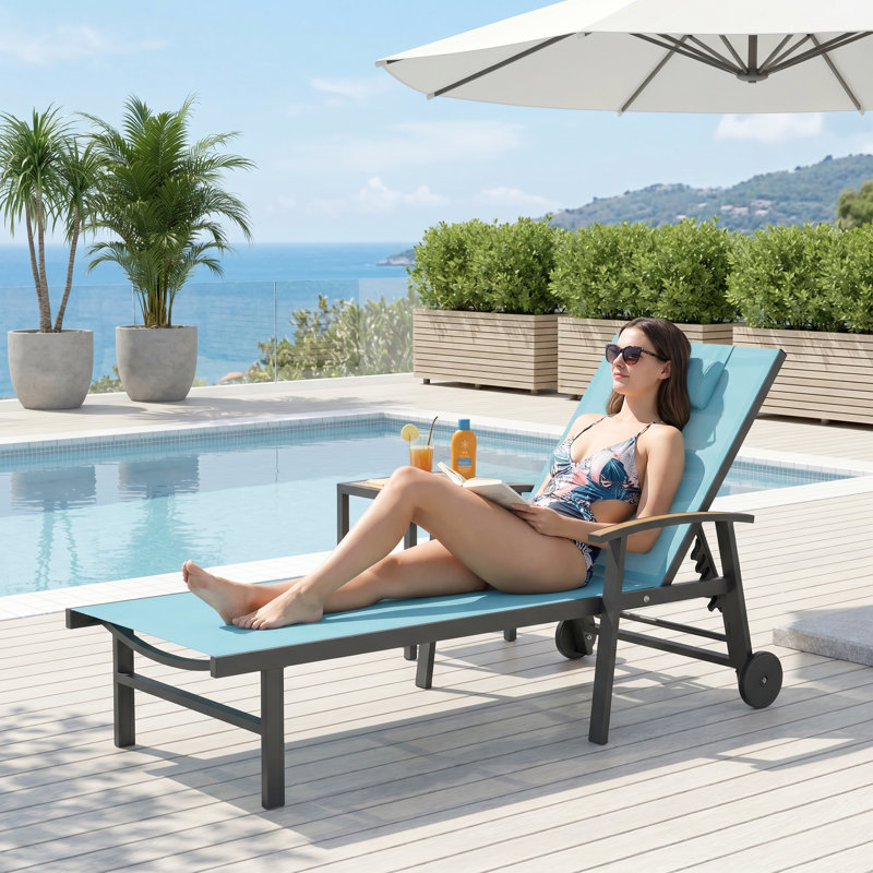Outdoor Patio Adjustale Chaise Lounge Chair With Wheels And Armrests, Lake Blue