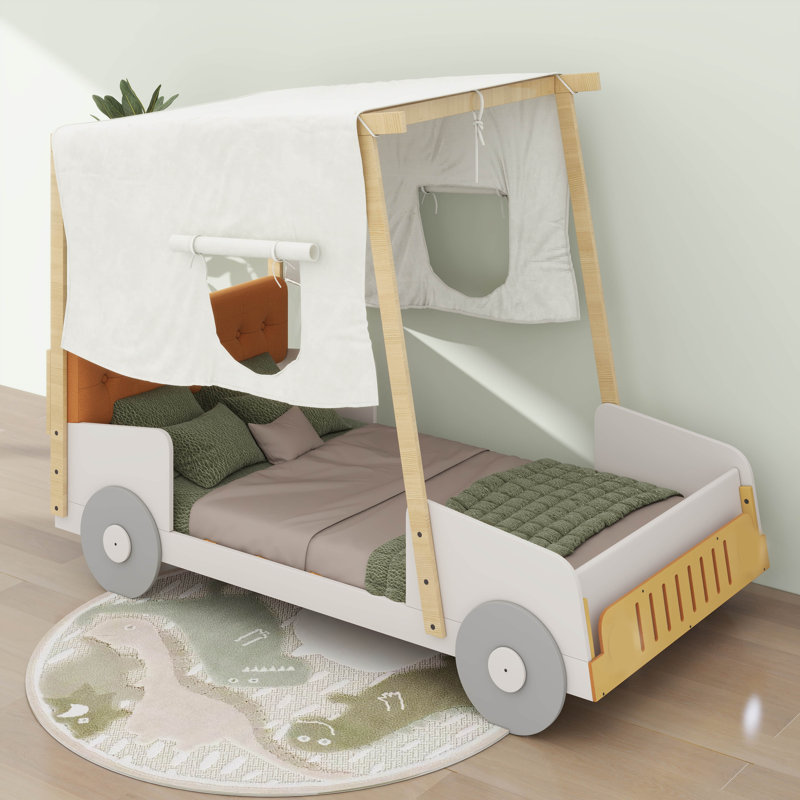 Lit de voiture avec toile de plafond, cadre de lit en bois avec oreiller et lumière DEL, Lit simple