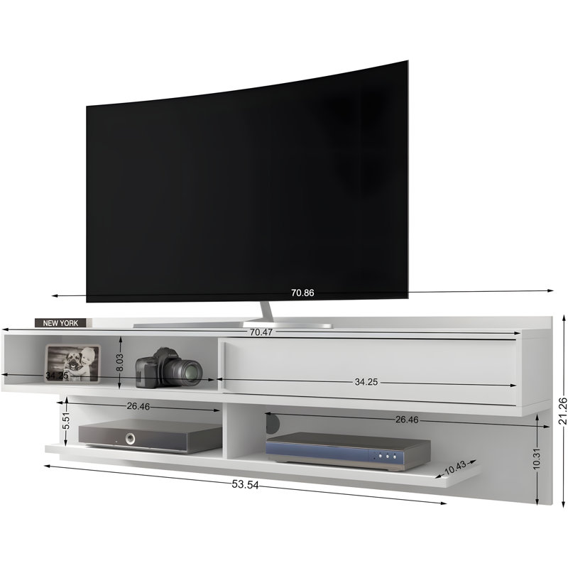 Astor Modern Floating TV Stand For 60-Inch TV With Media Shelves And Sliding Door, Space-Saving Wall-Mounted Entertainment Center In White