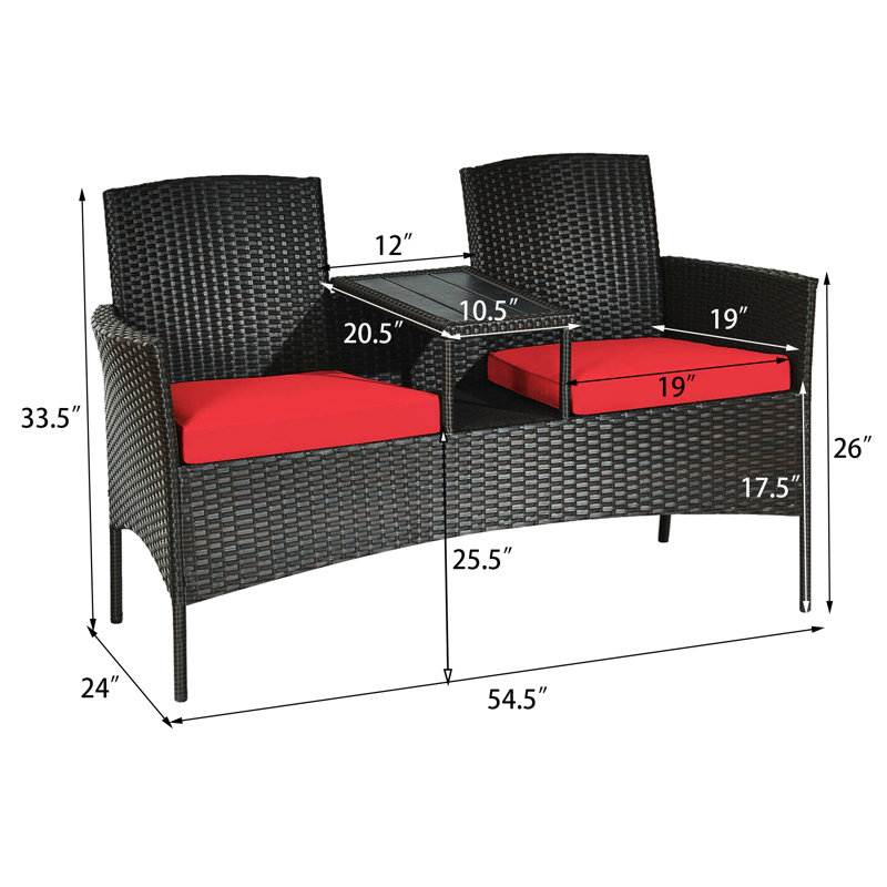 Causeuse d'extérieur en rotin avec table basse et coussins Jaylyn, Rouge