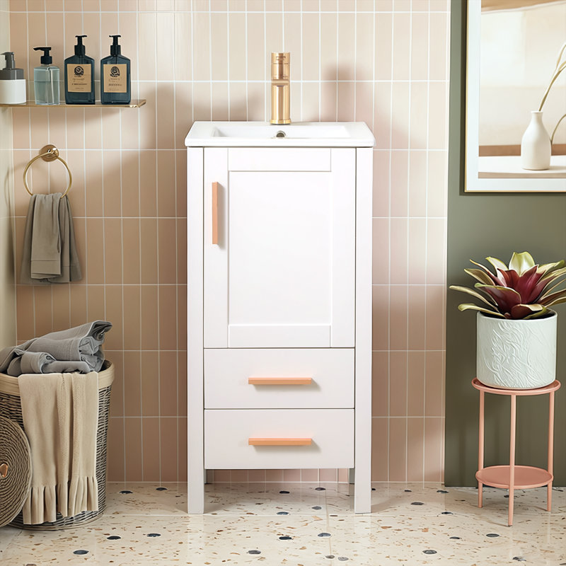 16'' Small White Freestanding Bathroom Vanity With Two Drawers