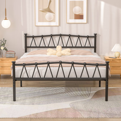 YT Black Metal Bed Frame with Corrugated Headboard and Footboard