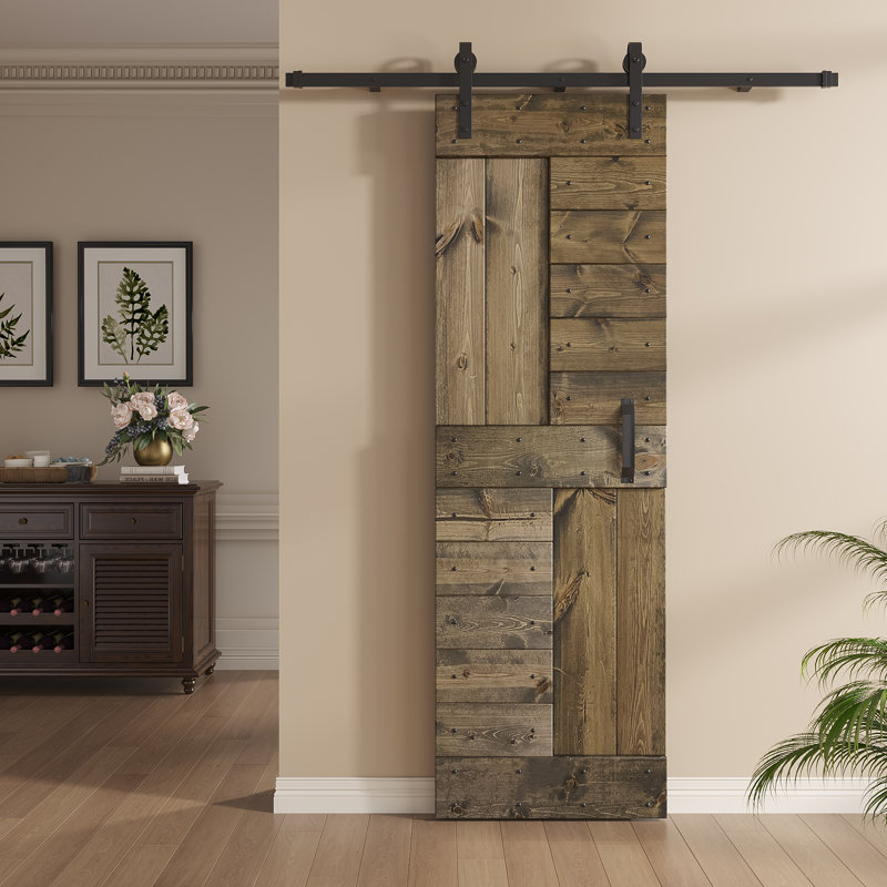 Porte de grange à panneaux en bois S Series avec trousse de quincaillerie d'installation, 30 po x 84 po, Noyer foncé