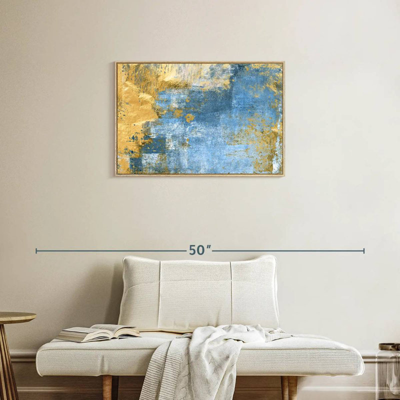 Gold And Blue Lindell, Floating Frame Natural Wood, 31" X 21"