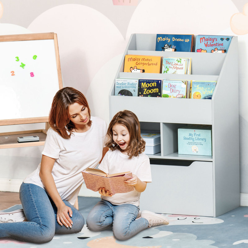 Organisateur de bibliothèque pour enfants avec tablettes et tiroir de rangement pour la chambre à coucher ou la salle de jeux, gris