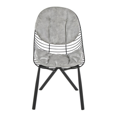 Chair In Black Metal With Light Grey Faux Leather Cushions - Set Of 2