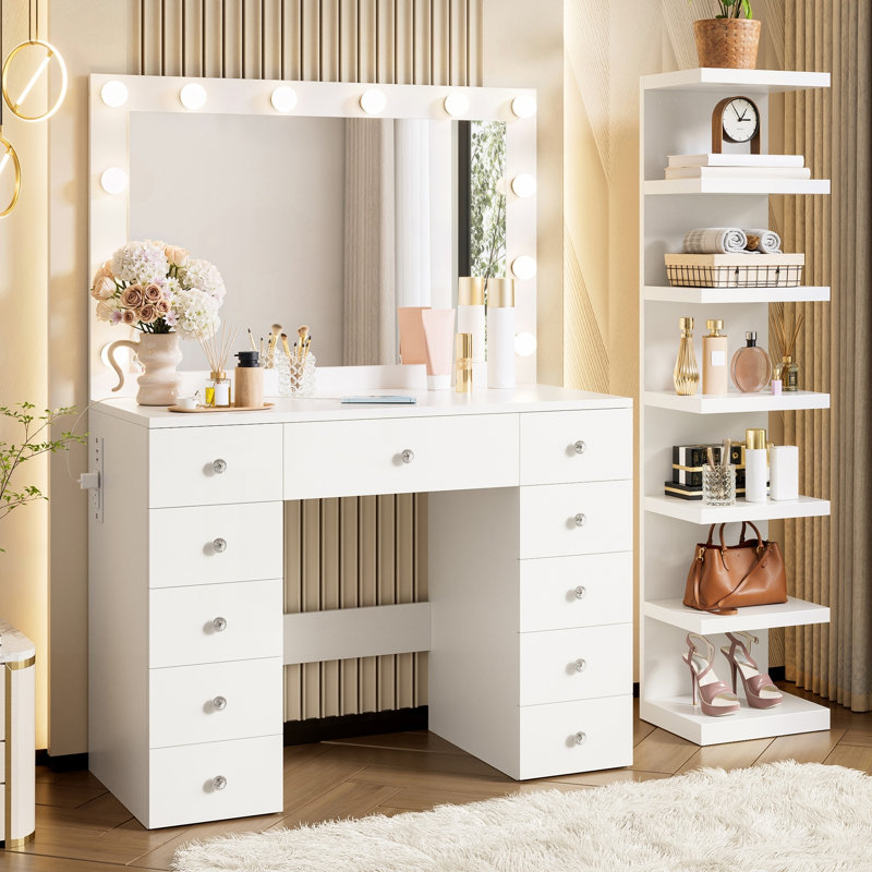 Ensemble de coiffeuse polyvalent avec 11 tiroirs, une tablette à 7 niveaux et un éclairage Hollywood