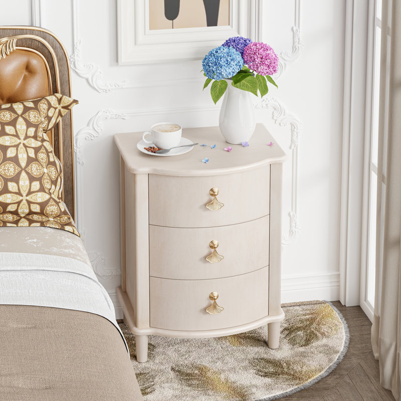 Elegant 3-Drawer Nightstand With Gold Leaf Handles, White