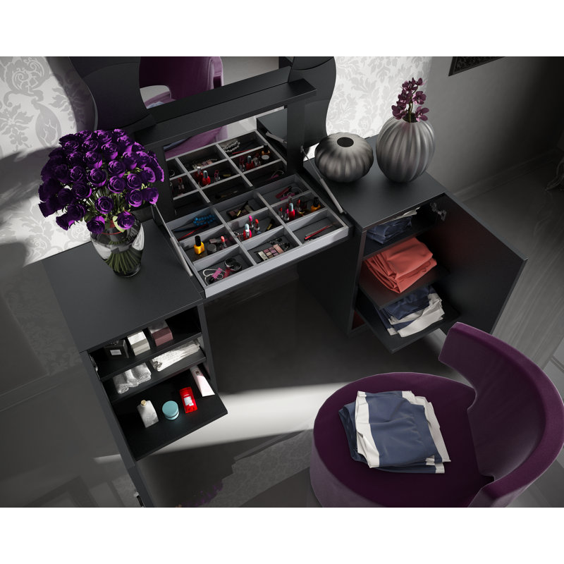 Ensemble de coiffeuse pour la chambre à coucher avec miroir Kirkwood, Noir brillant