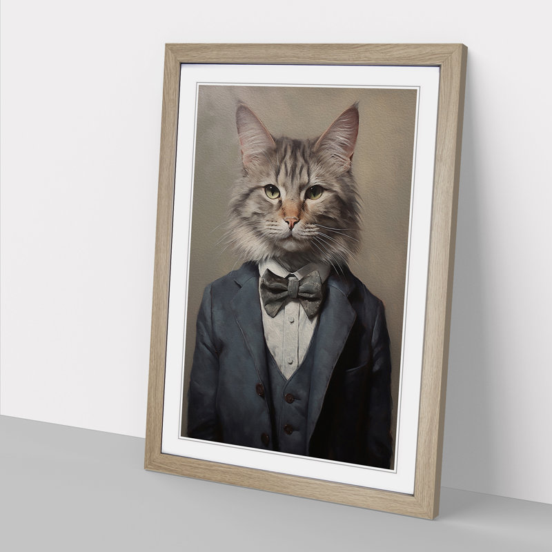 Cat In A Suit No.7 - Single Picture Frame Print on Wood, 34cm H x 25cm W x 2cm D, Oak 