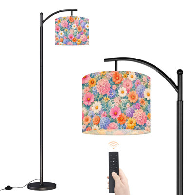  Arc Floor Lamp Colorful Floral Daisies Tall Modern Standing Lamp LED Adjustable Linen Lampshade 3 Color Temperatures