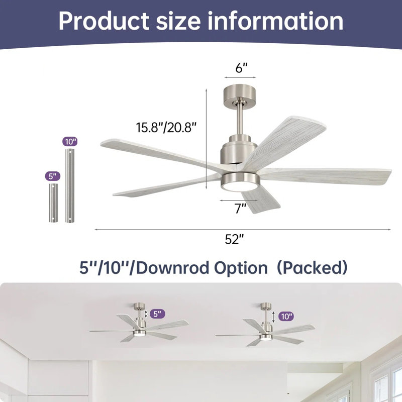 52'' Dimmable Solid Wood Blades Ceiling Fan With Lights And Remote Control Reversible Dc Motor Timer Memory, Nickel