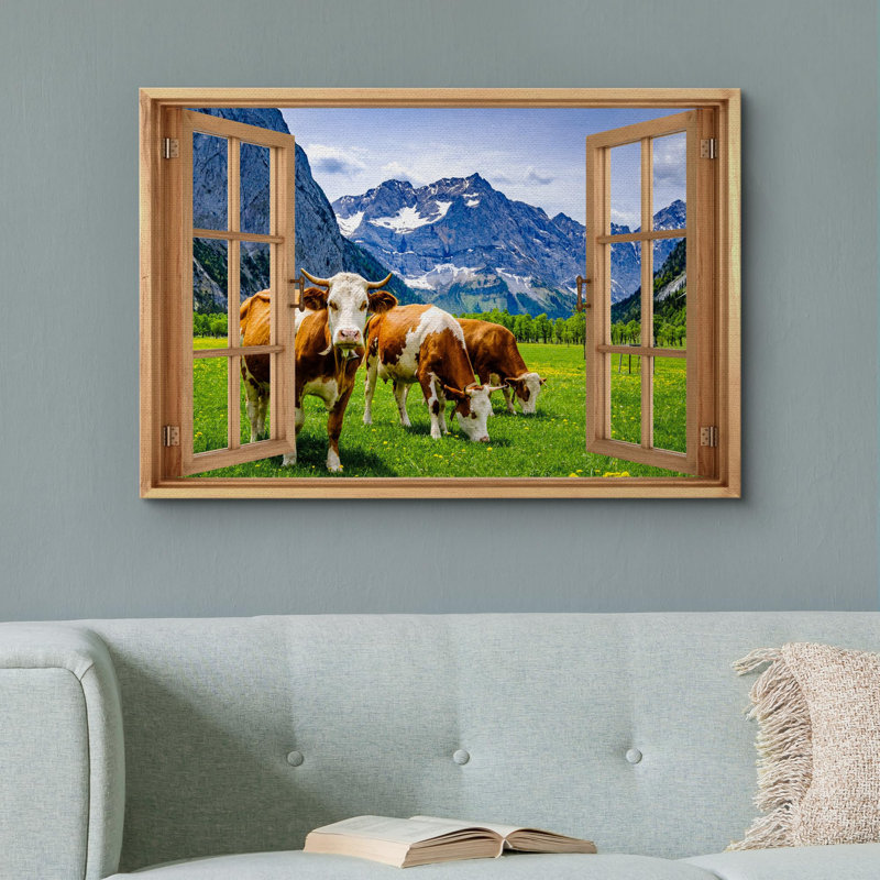 «Vue de la fenêtre, campagne, vaches, montagne, herbe, prairie, nature, décor, paysage rustique» sur, H 24 po x l 36 po