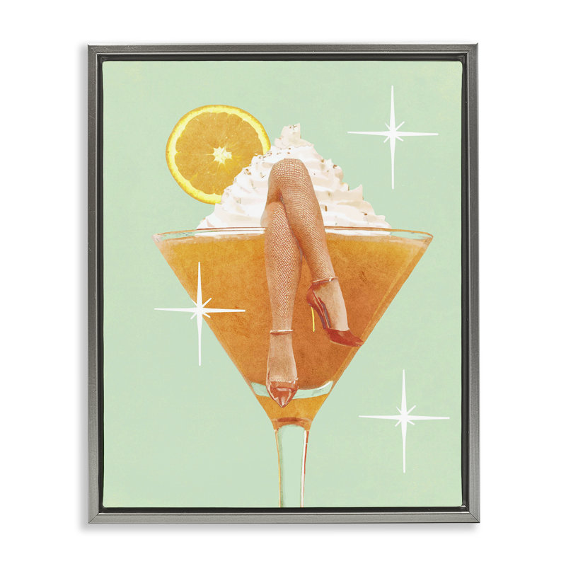«Crossed Legs Cocktail», art par Lil 'Rue, H 21 po x l 17 po, Cadre flottant gris lustré