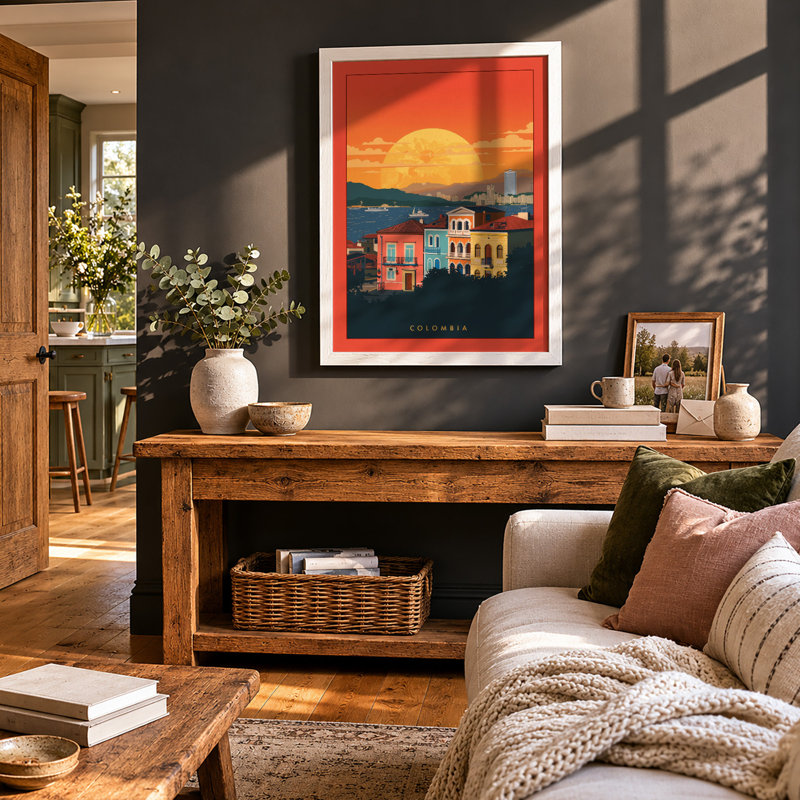 Golden Sunset Over Colombia Retro - Framed Print, A3 - 42.0 x 29.7 cm, White