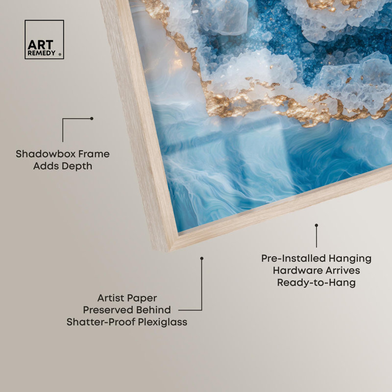 «Golden Geode Luxe Set Shadowbox», art mural bleu par Art Remedy, H 31 po x l 21 po, Crème, crème
