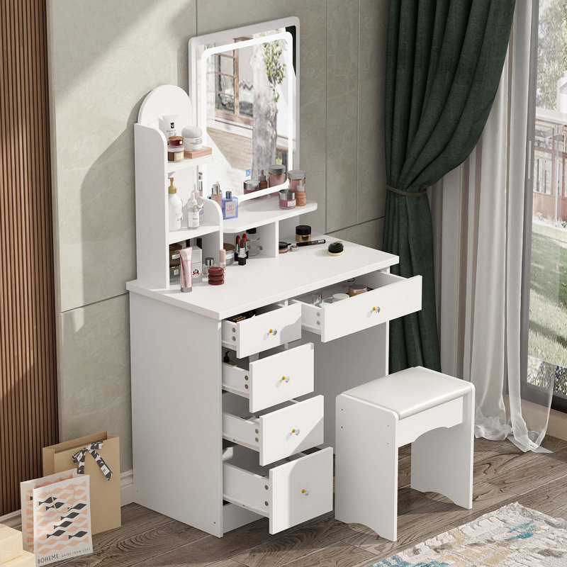 Ensemble de coiffeuse avec tabouret et miroir Moriah, Blanc