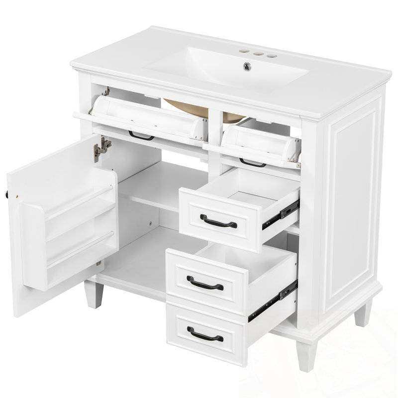 Bathroom Vanity with Sink, Flip Drawers and Adjustable Shelf, White
