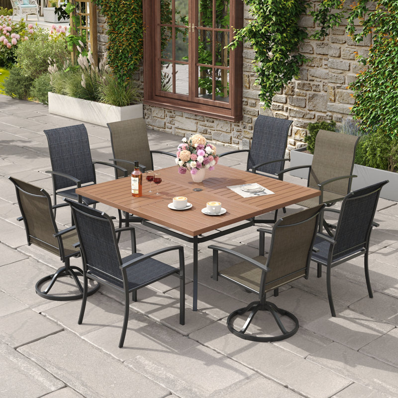 8-Person Outdoor Square Patio Dining Set With Swivel & Stackable Chairs, Walnut/Brown/Black
