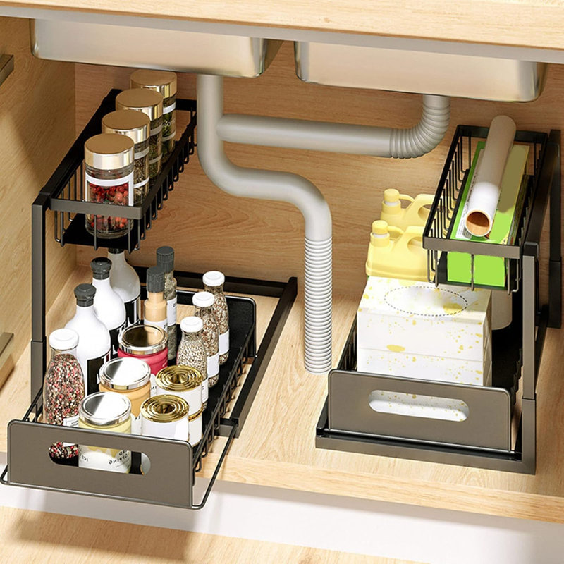 Rangement coulissant sous évier à 2 niveaux - Support de rangement coulissant en métal avec panier supérieur et pieds antidérapants pour la cuisine, la salle de bain et le garde-manger - Noir