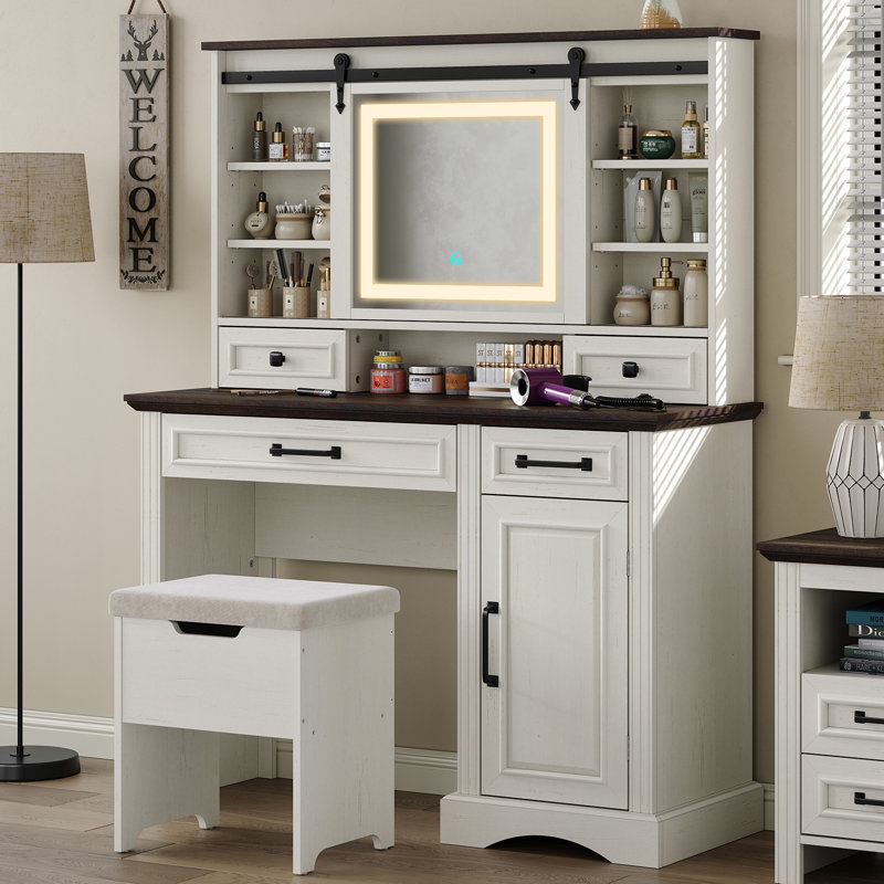 Meuble-lavabo de style campagnard avec miroir DEL coulissant et tabourets de rangement pour chambre à coucher Chester