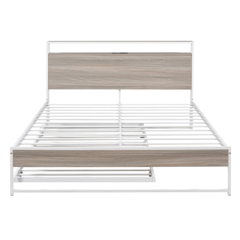 Cadre de lit plateforme grand en métal avec lit gigogne, ports USB et support à lattes, sans sommier blanc (ancien sku: MF299542AAK)