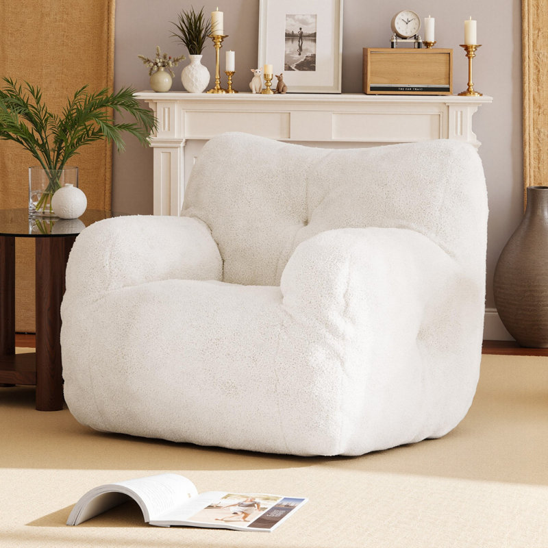 Compression Medium Teddy Fabric Bean Bag Chair, Ivory Teddy