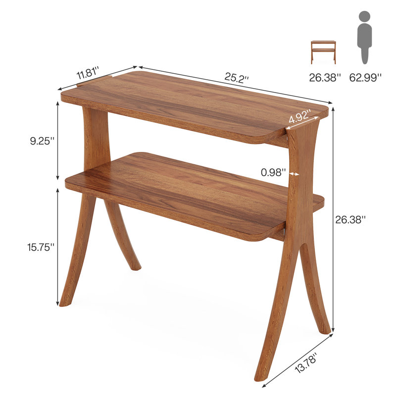 24.6'' Tall End Table Side Table With 2-Tier Storage Shelves And Solid Wood Legs, Walnut