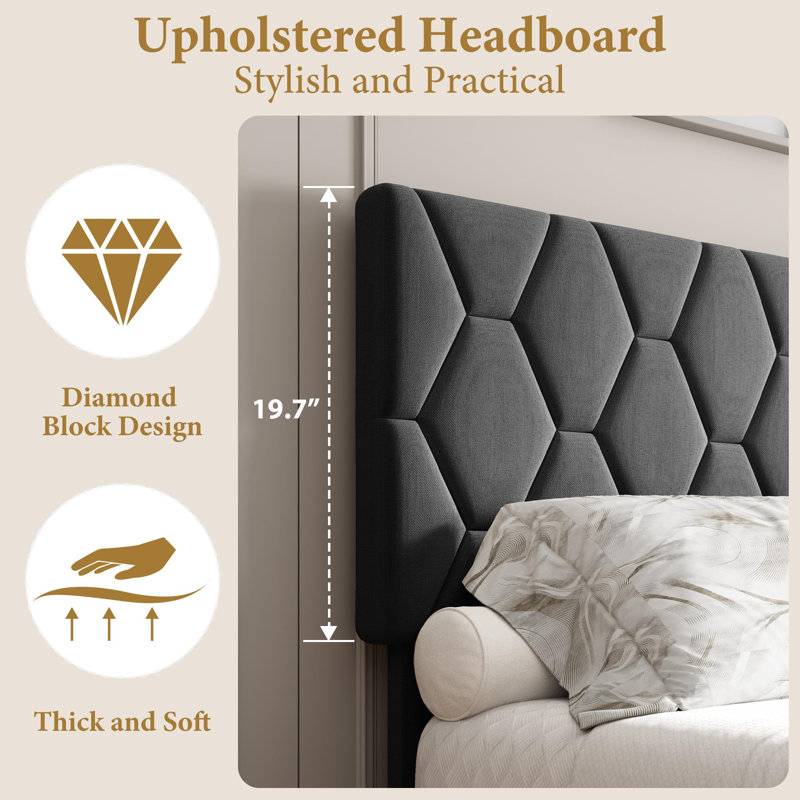 Structure de lit double avec tête de lit tapissier réglable, lattes en bois massif, aucun sommier requis, Gris