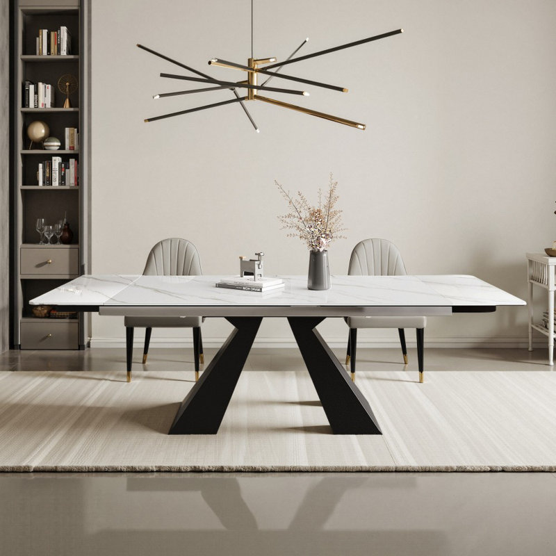 63-Inch To 94.5-Inch Extendable Sintered Stone Dining Table, Seats 8-10 People, With Metal Base, Snowy Mountain White