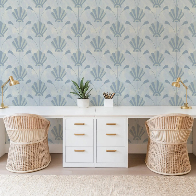 Fanflower - Wallpaper, Powdered Blue Gold, Faux Grasscloth
