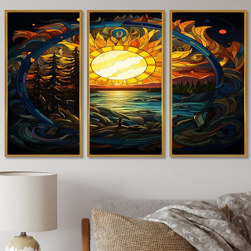Vibrant soleil jaune au-dessus de Forest Lake - rivière, ensemble d'art mural, Cadre flottant doré