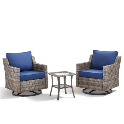 Swivel Outdoor Chairs Set Of 2, With Glass-Top Side Table, 3 Pieces Gray Wicker Furniture Set Ideal For Porch, Poolside, Deck, And Yard In Blue