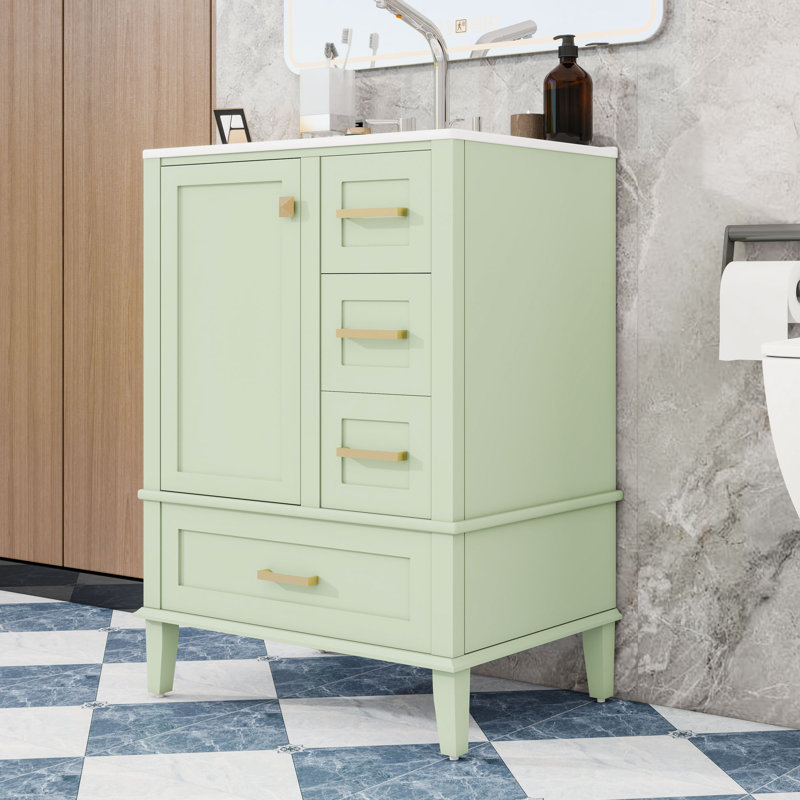 Modern Compact Freestanding Bathroom Vanity with Ceramic Sink, Soft-Close Door and Storage Drawers, Green