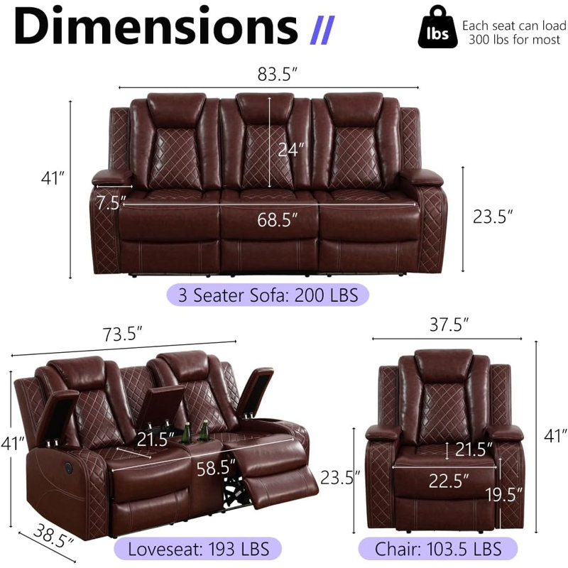 3-Piece Breathing Leather Power Recliner Sofa Set With LED Light,Wireless Charging Station, And Storage Armrest, Brown