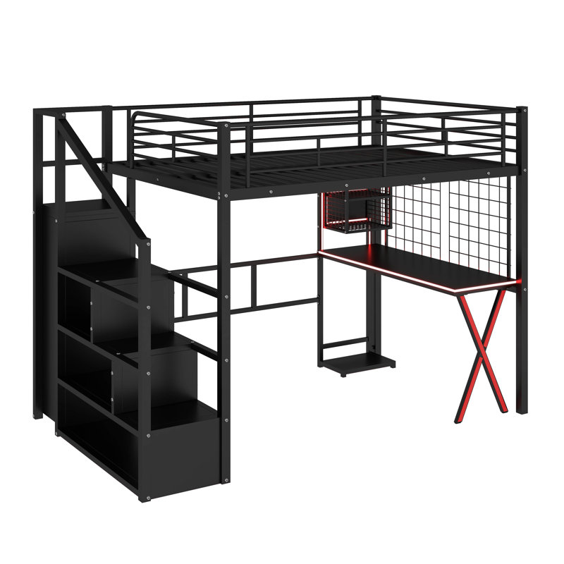 Lit mezzanine double en métal avec poste de travail, garde-robe, escalier de rangement et DEL, Noir