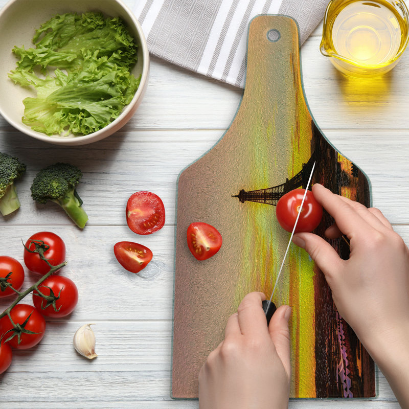 Ambesonne Ambesonne Eiffel Tower Tempered Glass Cutting Board Sun View Old Paris Marigold Rose Brown