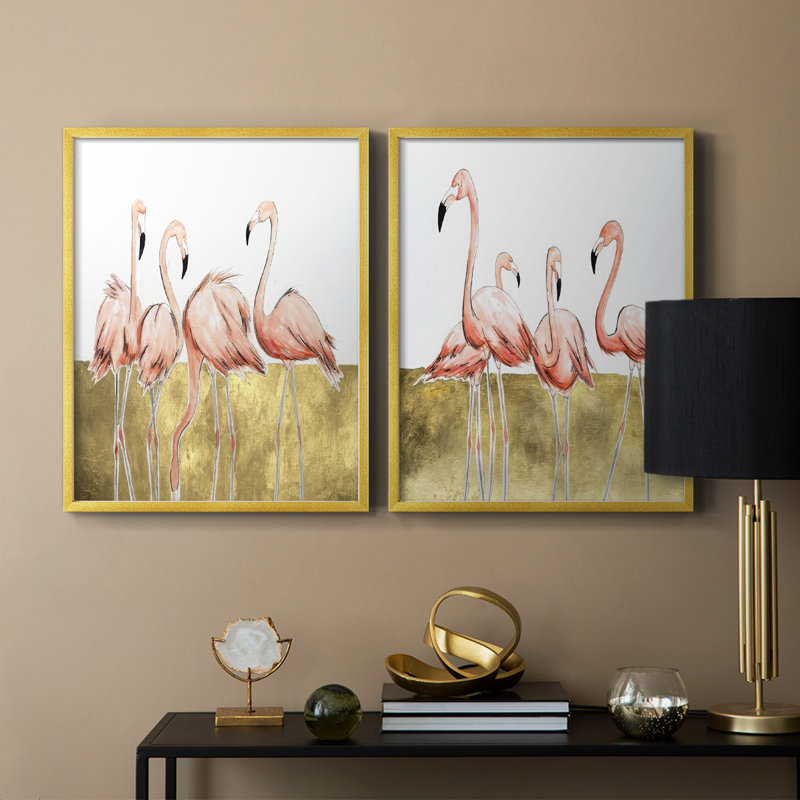 «Flamingo Flock I», reproduction encadrée de qualité supérieure - prête à être accrochée - aucun clou requis - aucun clou requis