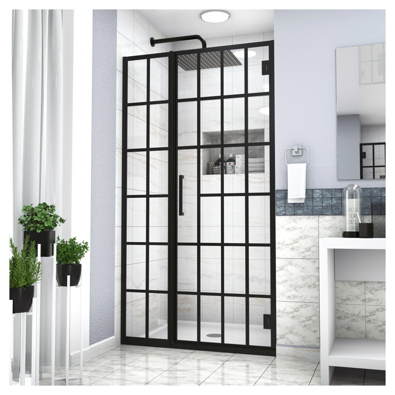 Porte de douche pivotante avec cadre en verre trempé noir mat 34 po x H 72 po