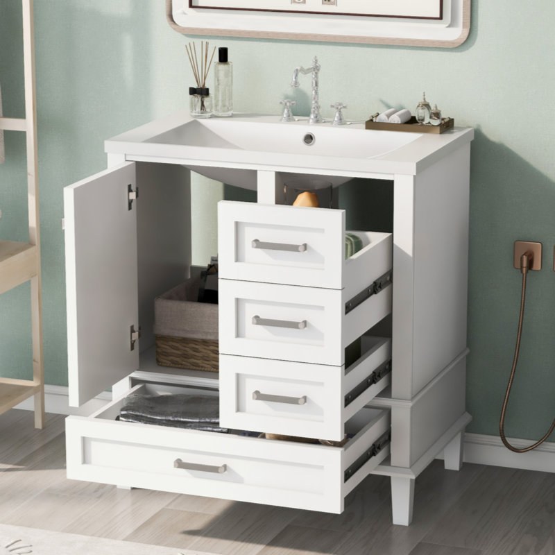 Meuble-lavabo moderne de 30 po avec ensemble de meuble-lavabo 30 po, armoire de rangement pour salle de bain avec porte à fermeture douce et 3 tiroirs, structure en bois massif [Bassin en résine]