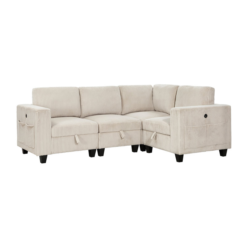 7-Piece Modular Sectional with Storage Seats, Side Pockets, Charging Ports Beige Corduroy Fabric Modern Living Room Sectional Couch Solid Wood Furniture