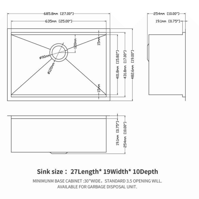 Single Bowl Undermount Workstation Kitchen Sink - 27"X19"X 10"  16 Gauge Stainless Steel Deep Sink