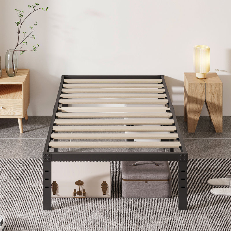 Marple 16 Inch Metal Platform Bed Frame with Wood Slat Support, Heavy Duty Mattress Foundation, Noise Free, Extra Long Twin