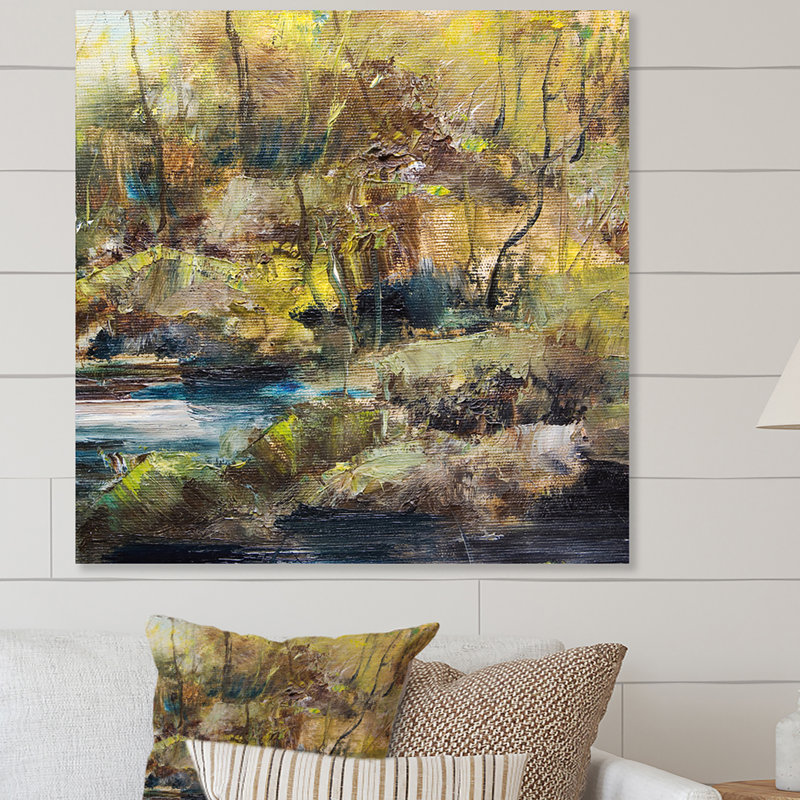Illustration de paysage de rivière d'été IV - œuvre d'art traditionnelle sur toile, H 16 po x l 16 po x P 1 po, Toile tendue