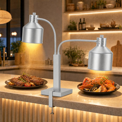 Dual Head Commercial Food Heat Lamp Electric Adjustable Warming Light Buffet Food Warmer 500W ETL Heating Bulbs for Restaurant Catering, Silver