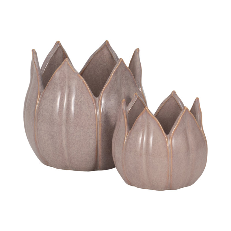 Sagebrook Home 2-Pieces Petal Planters, White, Purple, 7" H x 8" W x 8" D